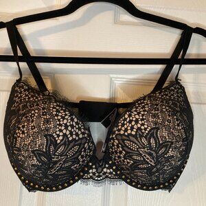 Victoria's Secret Bombshell Push Up Bra - Black Lace Gold Studs - Size 34DD